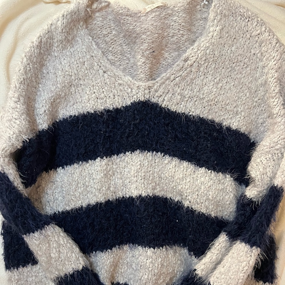 Blue and White Striped Fuzzy Sweater Altar'd State M/L